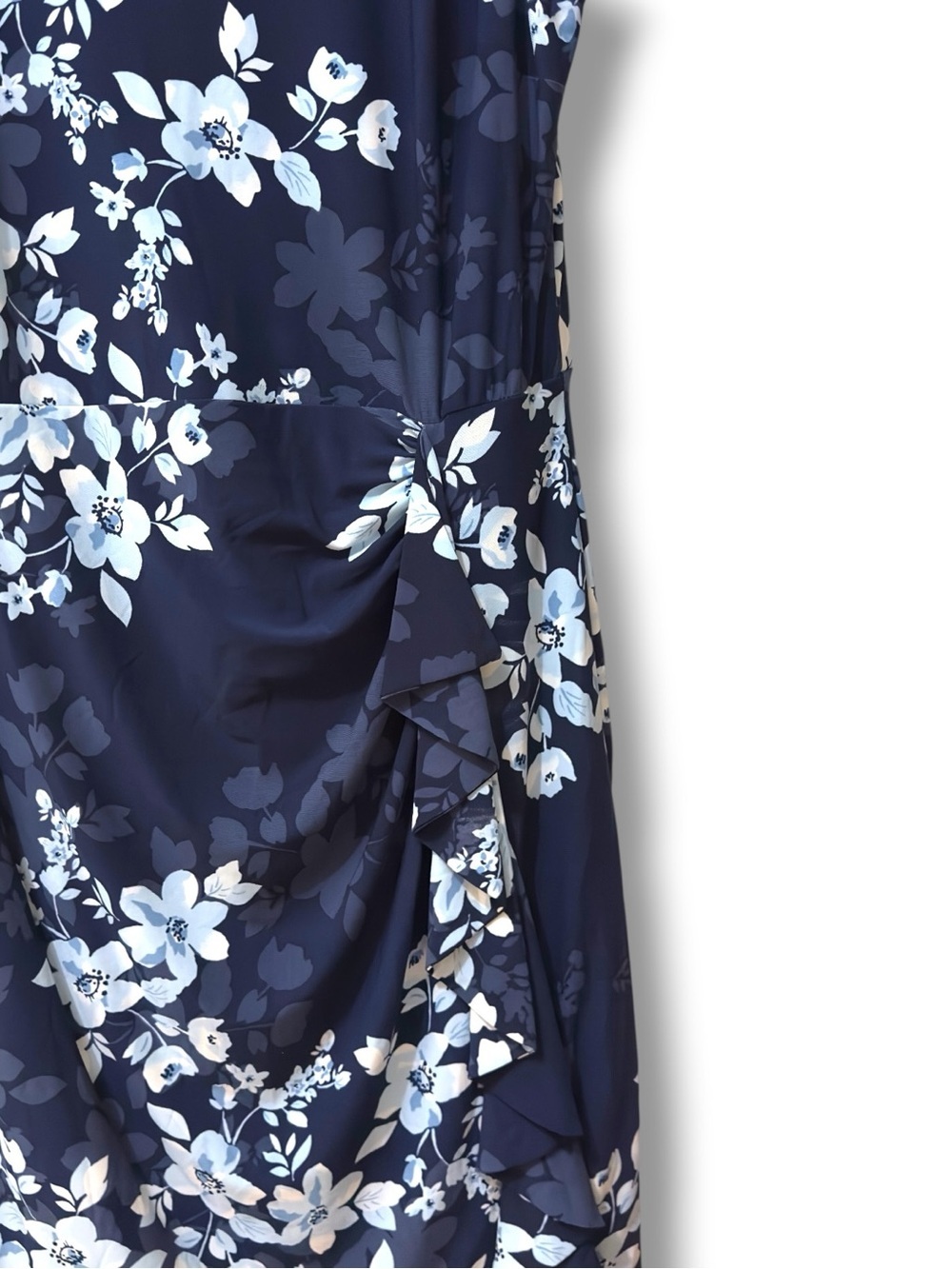Chaps | NWOT Navy Floral Ruched Ruffle Sleeveless Twist-Detail Sheath Dress (XL) - Picture 3 of 14